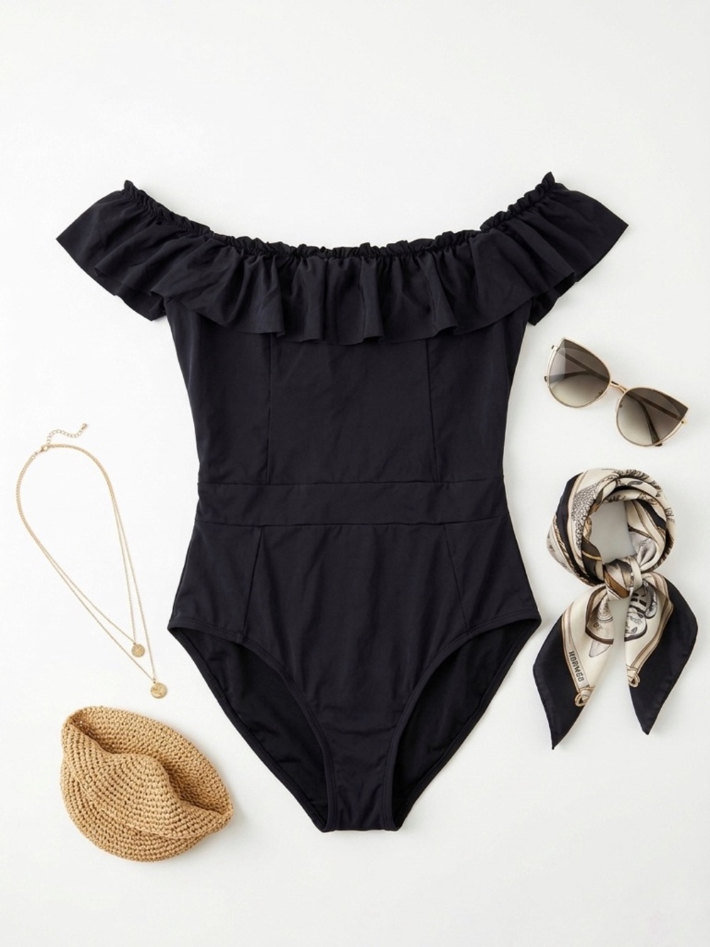 Bleu Rod Beattie Black Off-Shoulder Ruffle One-Piece Swimsuit